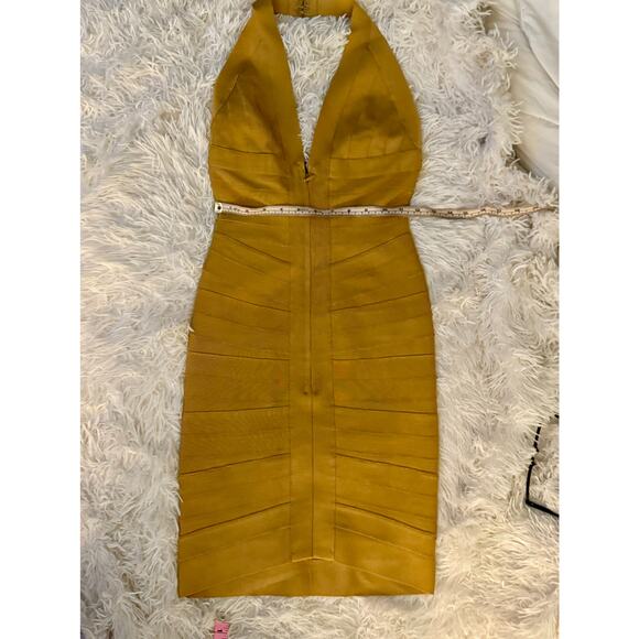 Herve Leger Bodycon Lilou Halter Dress HOI6R627 GOLDEN SUN/S - Picture 3 of 15
